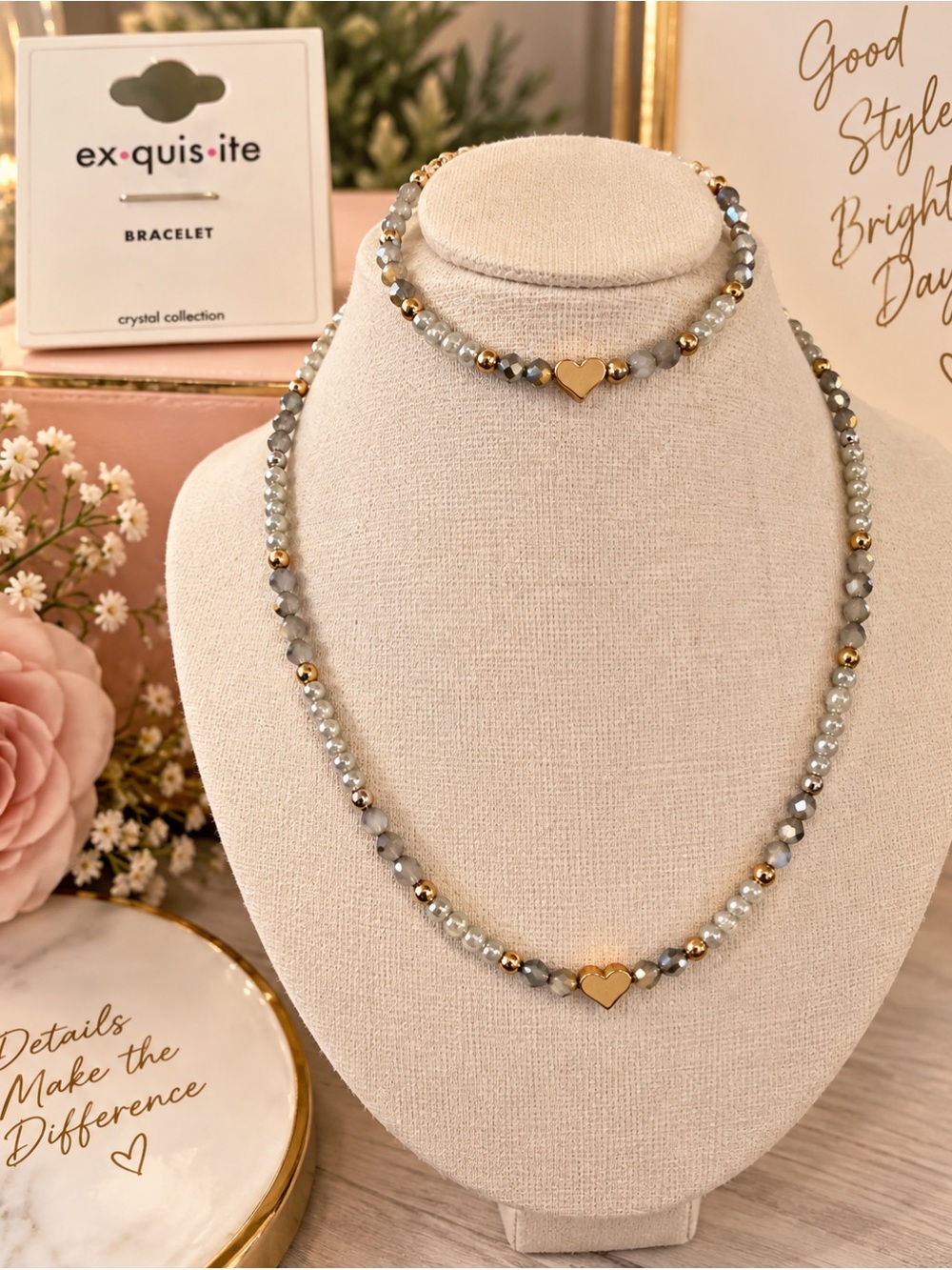 Ex·quis·ite Crystal Beaded Necklace & Bracelet Set Gold Heart NWT